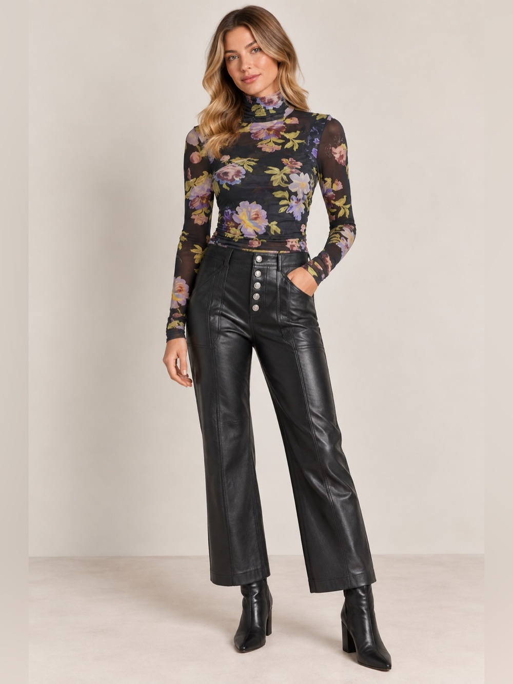 Bridgette Floral‎ Print Long Sleeve Turtleneck Top XS